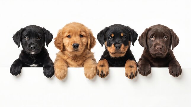 Four adorable diverse puppies, black, golden, Rottweiler, and chocolate, peeking over a white background, showcasing their charming, curious, and innocent expressions