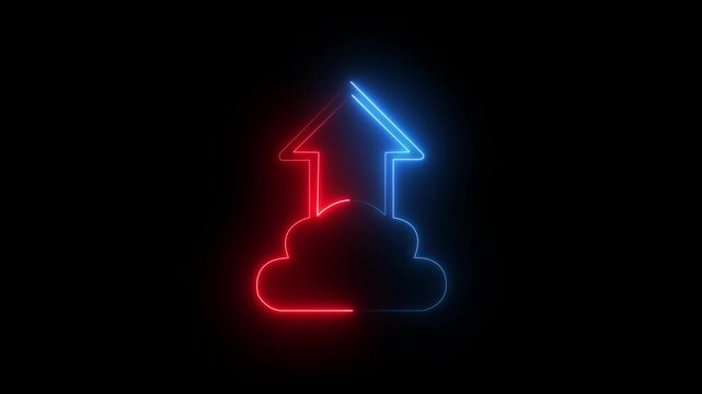 Dual Tone Neon Cloud Upload Icon Blue and Red on Black Background symbol technology