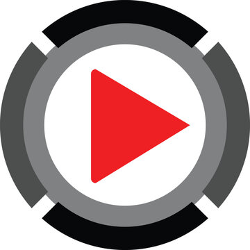 Modern play button icon with red triangle inside grey and black segmented rings on white background