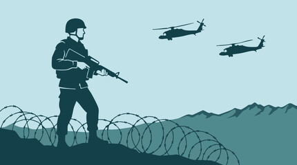 Soldier with rifle, barbed wire, and helicopters in a military illustration © Siamart