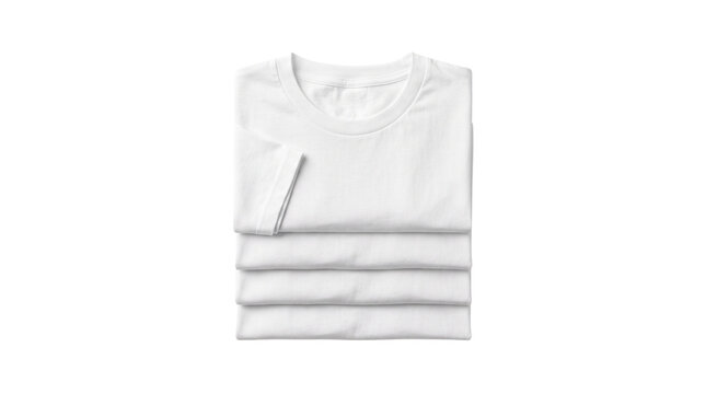 White cotton t-shirt stack, folded blank basic apparel for branding, clean textile clothing mockup, set of four plain jersey shirts isolated PNG with Transparent Background