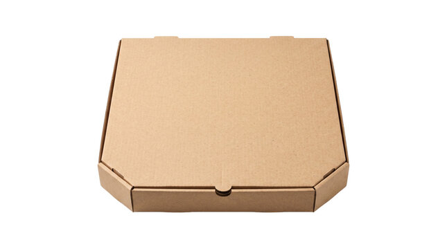 Brown cardboard pizza box mockup, closed kraft paper delivery container, blank corrugated takeaway packaging for food branding and restaurant marketing isolated PNG with Transparent Background