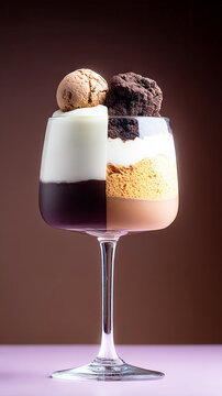 A dessert is served in a clear glass showing layers of black and white cream. The dessert is placed on a flat surface. The background has a neutral tone