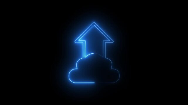 Blue Neon Cloud Upload Icon Glowing on Black Background symbol technology