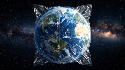 Naklejka premium Planet Earth sealed inside a transparent plastic bag represents the fragile state of our global environment and the urgent need for sustainable practices to ensure a healthy future for all humanity.