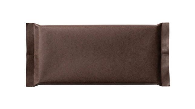 Chocolate bar mockup in brown paper wrapper, blank snack packaging for branding, dark cocoa protein bar foil pouch, matte textured candy wrapper isolated PNG with Transparent Background
