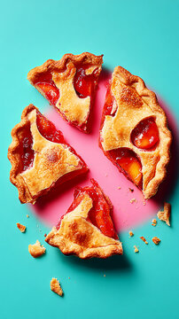 This pie features vibrant layers of peach jam and vanilla cream. The airy dough holds the layers together and adds texture. Fresh peaches are placed around the pie