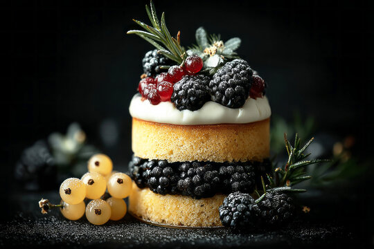 A cake with two visible layers features soft sponge and fresh fruits. Berries and herbs rest on top, adding color and texture. The scene is set in a kitchen with low light