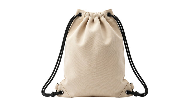 Canvas drawstring backpack mockup, beige cotton cinch bag with black cords, eco-friendly fabric gym sack for branding and promotional design isolated PNG with Transparent Background