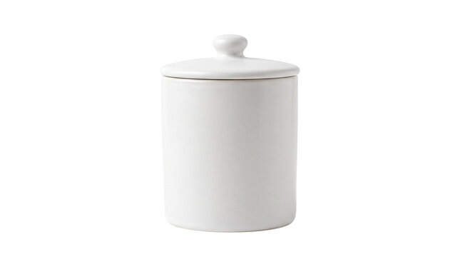 Minimalist white ceramic canister with lid, elegant porcelain storage jar for kitchen organization, matte white pottery container for home decor isolated PNG with Transparent Background