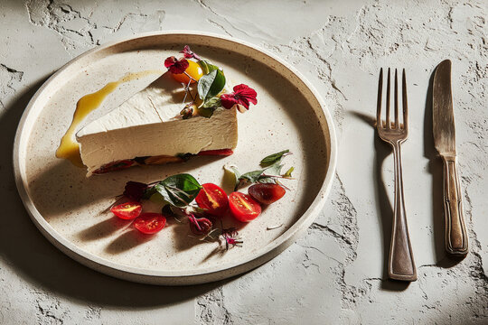 A pie made with eggplant, tomato, and mozzarella sits on a plate. It has olive oil on top and is garnished with microgreens and edible flowers. The setting looks modern and inviting