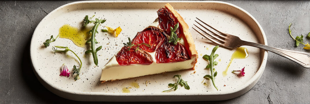 A pie made with eggplant, tomato, and mozzarella sits on a plate. It has olive oil on top and is garnished with microgreens and edible flowers. The setting looks modern and inviting