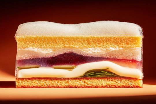 A cake is cut to show its layers of jelly and cream, with the colors clearly visible. The setting is warm, and the dessert looks inviting and tasty