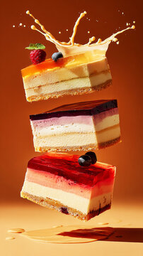 A cake is cut to show its layers of jelly and cream, with the colors clearly visible. The setting is warm, and the dessert looks inviting and tasty