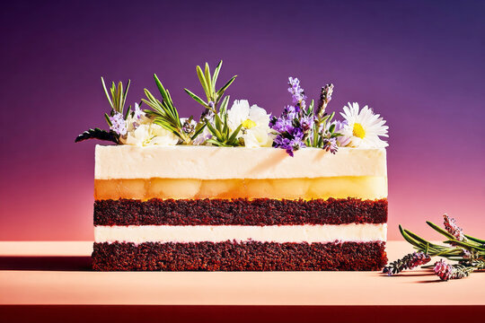 A layered cake sits on a flat surface with various layers of jelly and cream visible. The colors mix beautifully under bright lighting. It looks appetizing and inviting