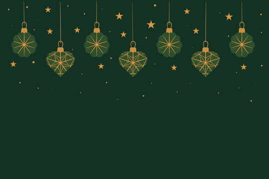 Christmas Ornaments Horizontal Background with Copy Space &ndash; Dark Green and Gold Holiday Banner Template