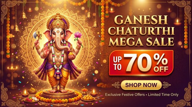 Lord Ganesha Festival Sale Banner with Golden Divine Illustration