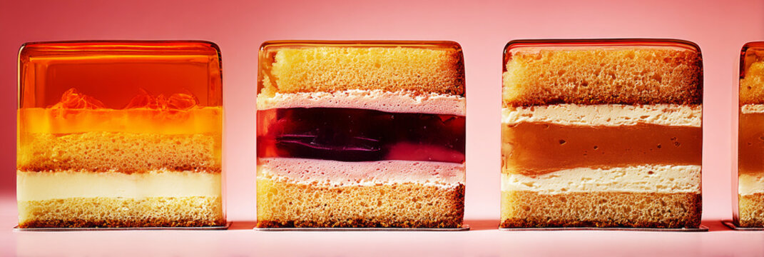 A cake is cut to show its layers of jelly and cream, with the colors clearly visible. The setting is warm, and the dessert looks inviting and tasty
