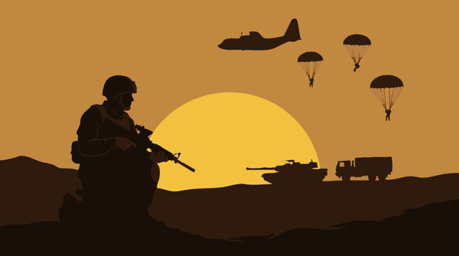 Military operation silhouette at sunset with soldier, tank, plane, and paratroopers