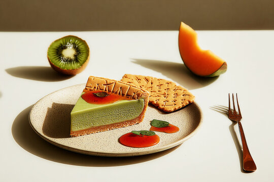Delicious kiwi and mint pie on a plate with cookie slices and fresh fruit displayed on a white table
