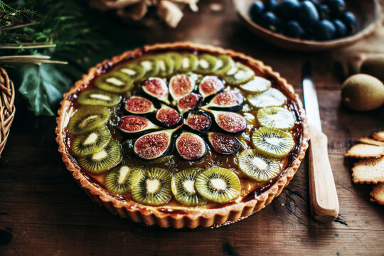 A kiwi and mint pie is placed on a brown plate. It is topped with thin slices of kiwi, cookie pieces, micro herbs, and a green foam sauce. The scene shows a cafe setting with soft lighting