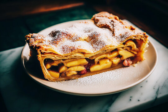 A layered apple pie sits on a marble surface. The crust is visible through the caramelized fruit layer. The dessert has a casual yet refined look, perfect for any occasion