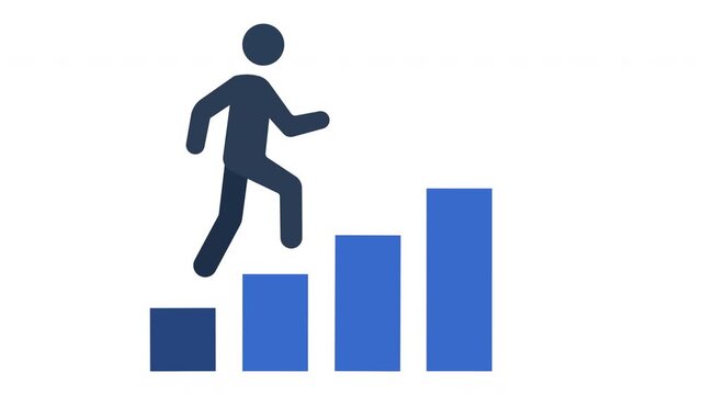 Flat vector animation of a person stepping up a growth chart, career progression, business advancement, and success concept.