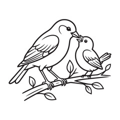 Fototapeta premium Mother bird feeding hungry baby chick on branch coloring page for kids nature study.