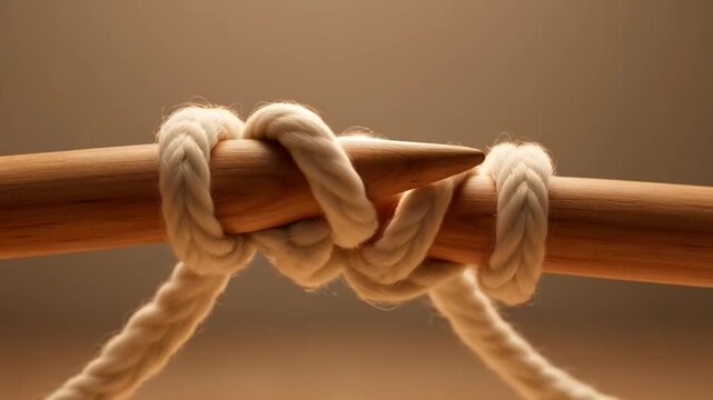 Close up of knitting process with wooden needles and white yarn.