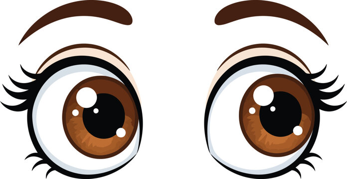 Cute cartoon brown eyes with long eyelashes looking sideways isolated on a clean white background