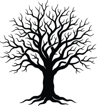 Black tree silhouette, leafless winter oak vector, bare branches graphic