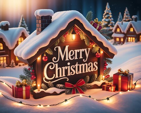 Cozy Christmas scene with illuminated sign surrounded by snow decorated houses and gifts