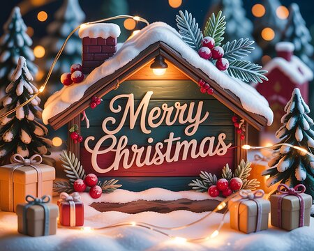 Cozy Christmas scene featuring a decorated house with Merry Christmas text surrounded by gifts and twinkling lights