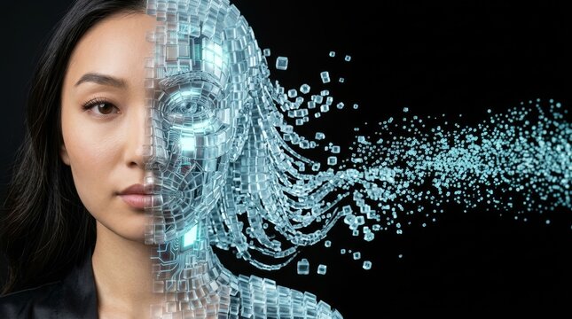 A woman's face merging with digital elements represents AI or virtual reality.