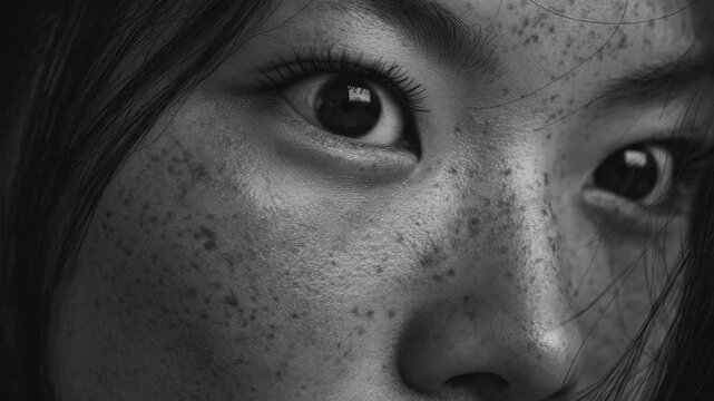 A close-up portrait of a woman with beautiful freckles on her face and arms. Her expression is serene and contemplative.