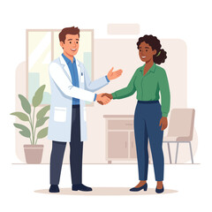 Fototapeta premium Doctor and Patient Shaking Hands in Modern Medical Office, Flat Design Vector Illustration