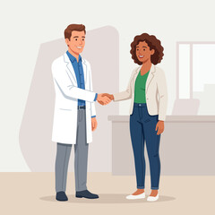 Fototapeta premium Doctor and Patient Shaking Hands in Medical Office, Vector Illustration