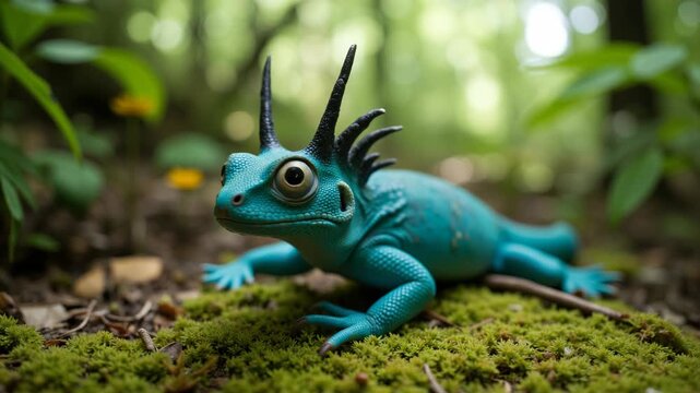 A vibrant green and blue lizard with spiky horns in the wilderness.