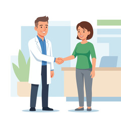 Fototapeta premium Doctor and Patient Shaking Hands in Clinic Reception Area, Modern Flat Illustration