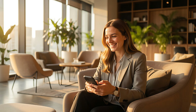 Smiling businesswoman using smartphone. Professional woman checking mobile phone in office.