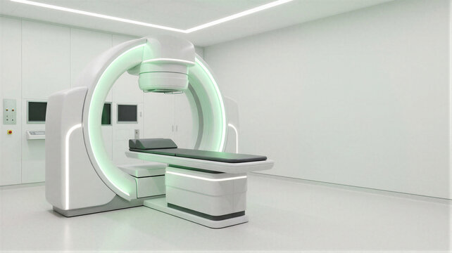Medical radiation therapy device in modern clinic room. Linear accelerator machine for cancer treatment. Innovative oncology diagnostic equipment and healthcare technology clinical interior.
