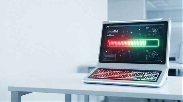 Laptop showing progress bar for data download. Computer screen with futuristic loading interface and network visualization. Hitech digital technology and cloud storage system concept.