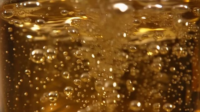 Sparkling carbonation bubbles rise through a golden drink in a refreshing seamless macro scene.