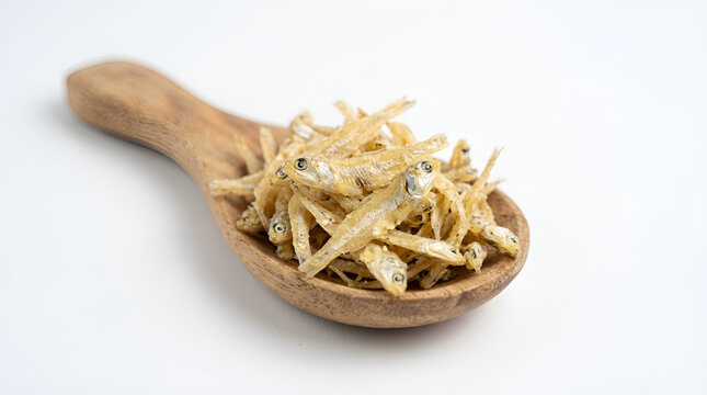Golden crispy fried anchovies crunchy on wooden spoon, savory dried seafood snack, isolated on clean white background for food snack