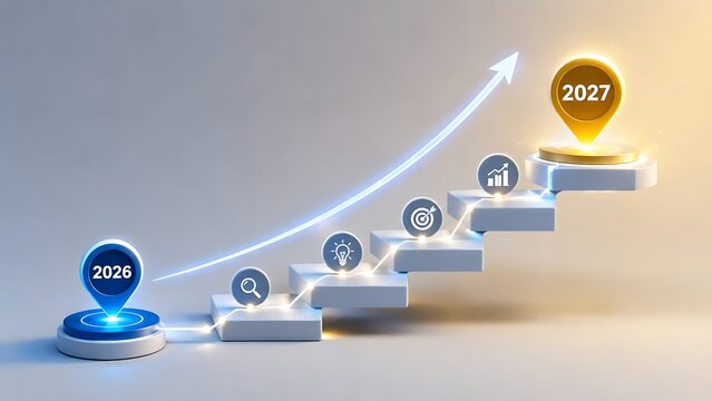 Business growth strategy transition from 2026 to 2027 with upward arrow and financial icons on ascending steps