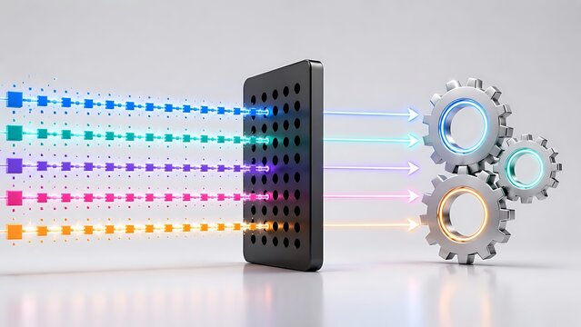 Data processing system with colorful pixel blocks transforming into illuminated arrows and metallic gears