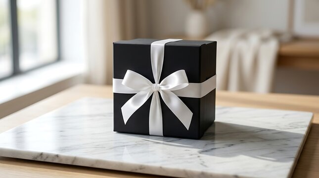 Elegant Black Gift Box Tied With White Ribbon On Marble Surface Indoors