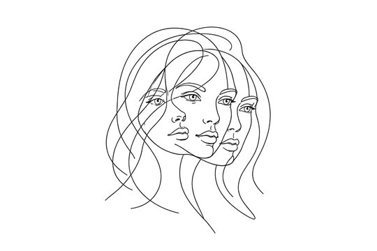 Minimalist continuous line drawing featuring overlapping female faces in a modern artistic style.