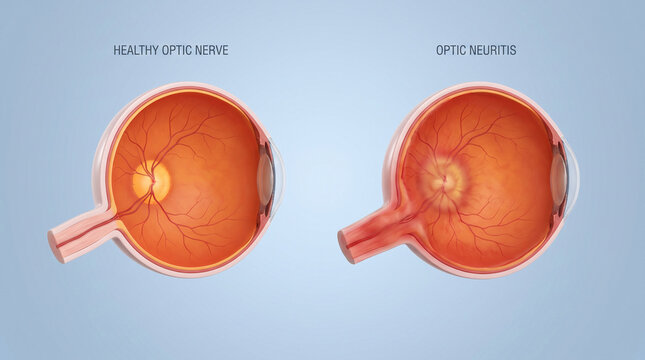3D Eyeball Cross-Section Comparing Healthy Nerve and Optic Neuritis
