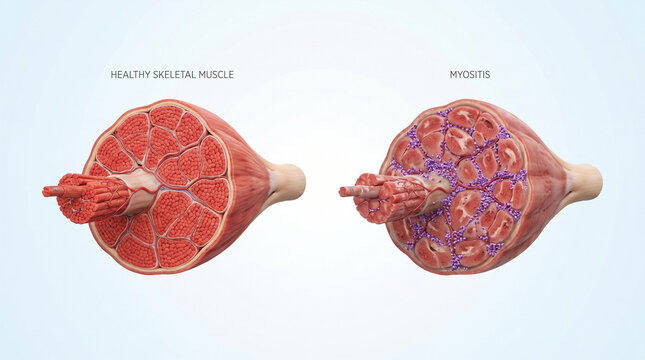3D Cross-Section of Healthy Skeletal Muscle vs Myositis Inflammation
